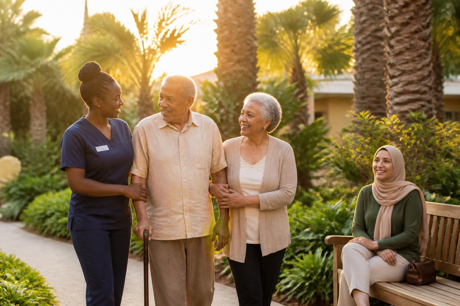Caregiver walking through a sunlit garden with an older gentleman